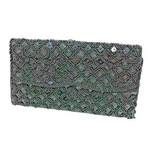 Vintage Mid Century Black Satin Beads Sequins Envelop Clutch Purse Hong Kong